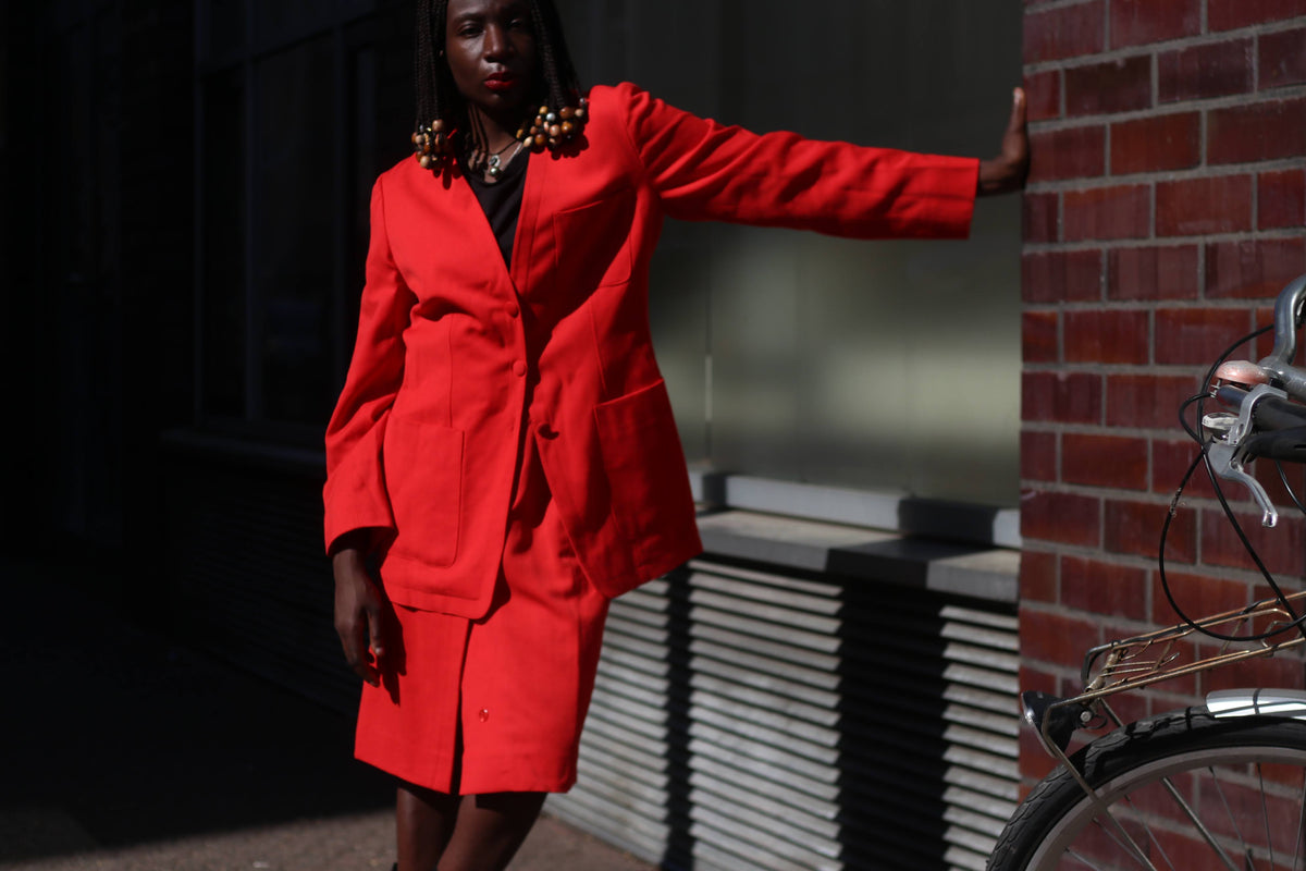 Rodier Red Wool Skirt Suit Set, Size 42, Made in France