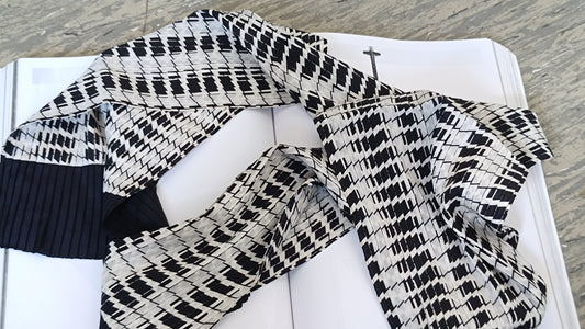 Vintage Christian Fischbacher Silk Scarf Black White Houndstooth Pleated Tie