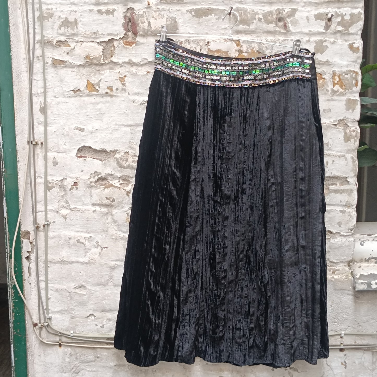 Vintage Velvet Midi Skirt | Y2K Black Crushed Velvet Beaded Skirt