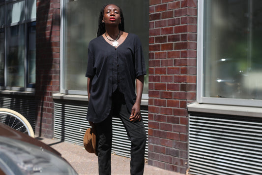 Black Longline Tunic Blouse | Vintage 90s Minimalist Top | Size M/L
