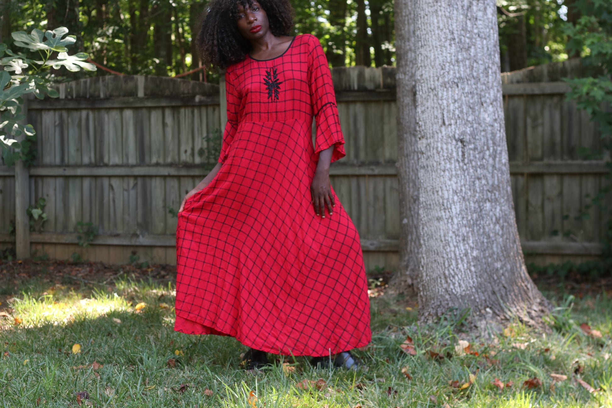 Vintage 1990s Red Plaid Bell Sleeve Maxi Dress