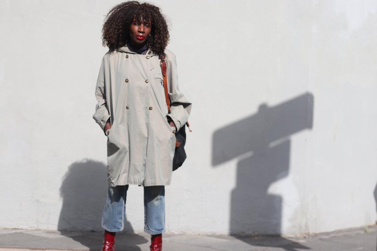 Trench Coat 80s Vintage Sage Green Hooded Oversized Jacket | L/XL