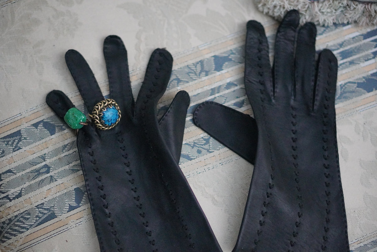 Vintage Leather Gloves | 1970s Mid Calf Opera Gloves | Black Size 7.5