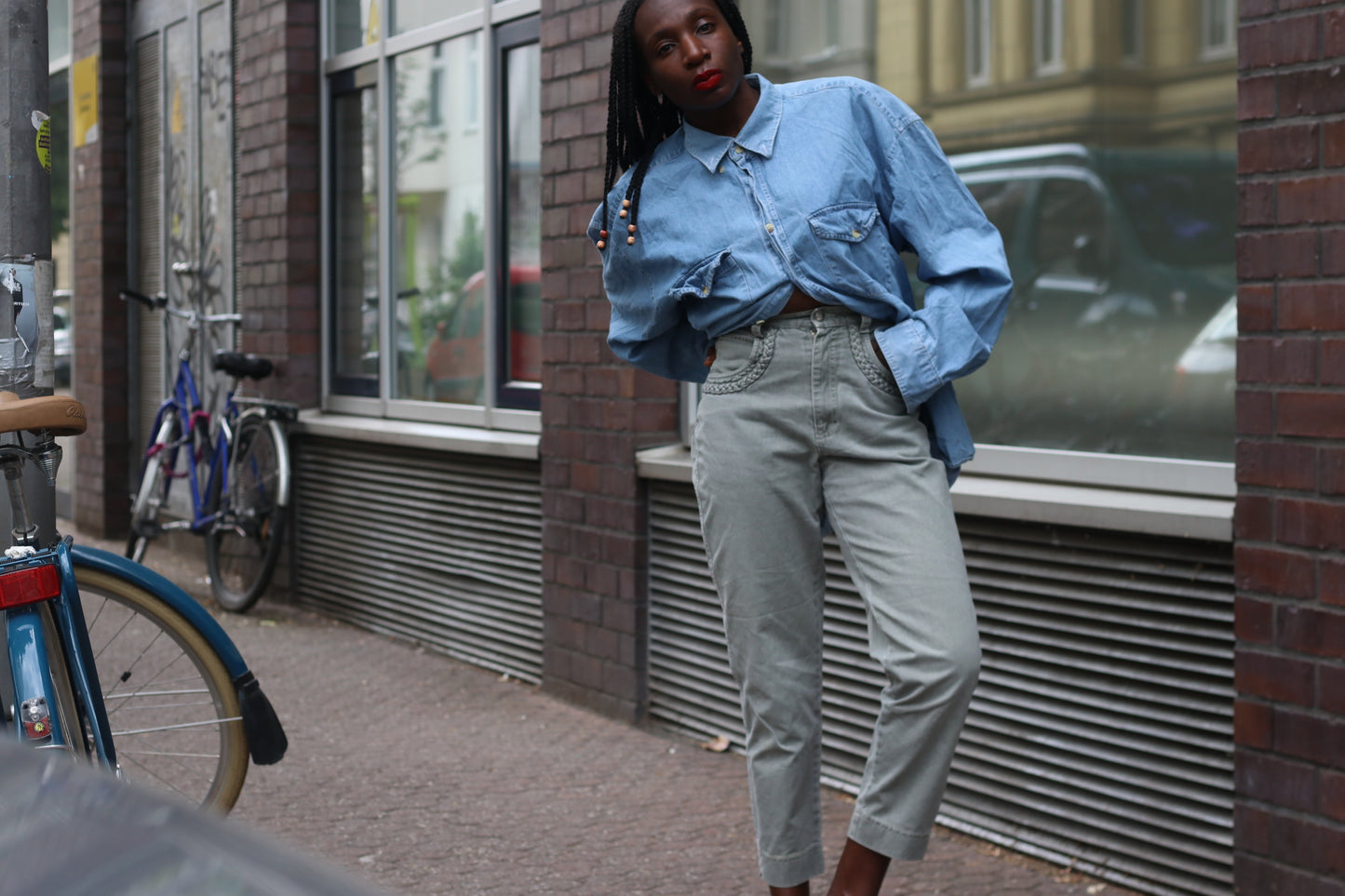 Vintage 1980s High Waisted Pants Sage Green Braided Pocket Tapered Denim Trousers