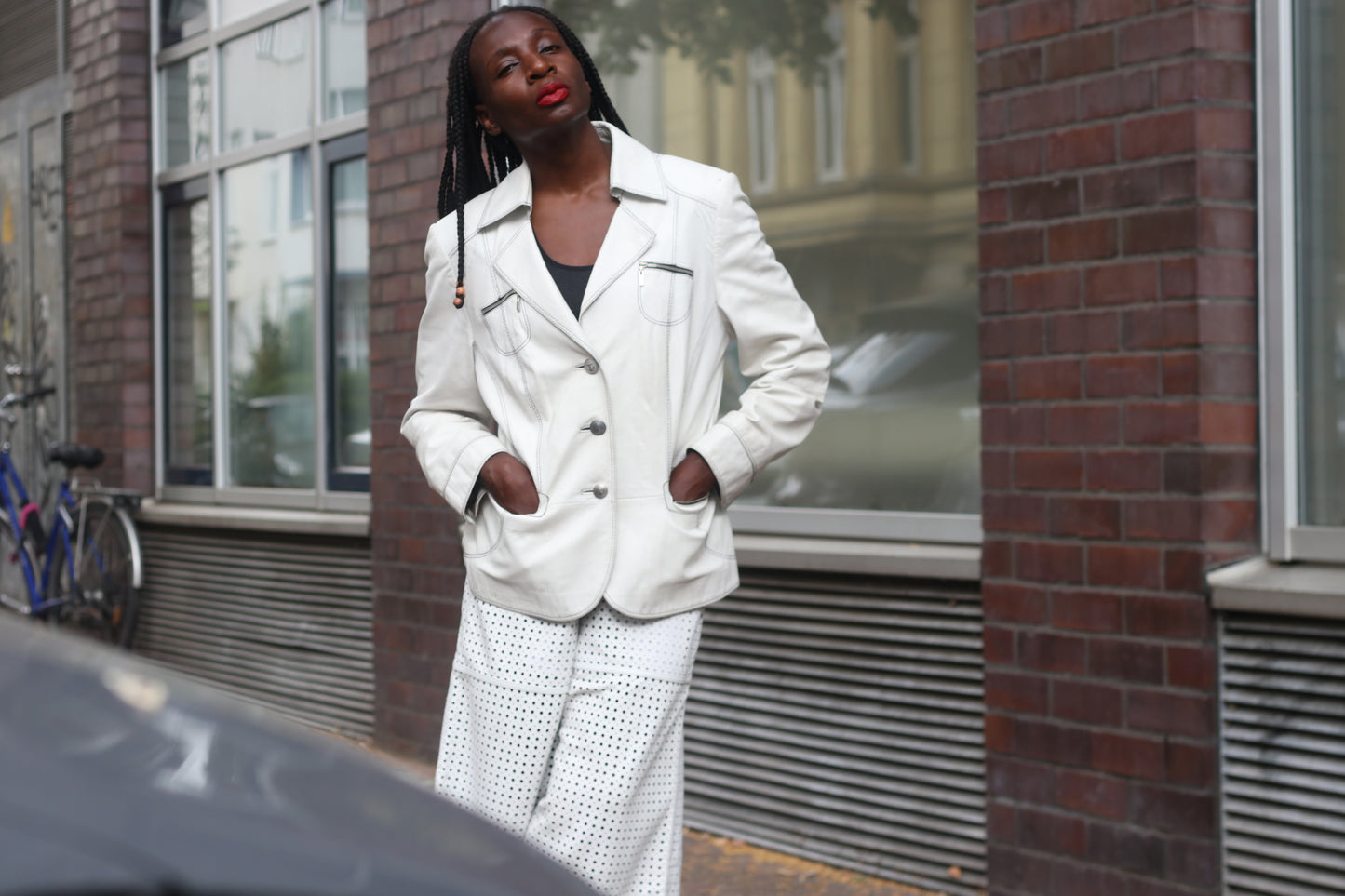 Gerry Weber Vintage Leather Jacket White Beige Blazer Coat 90s Vintage Leather