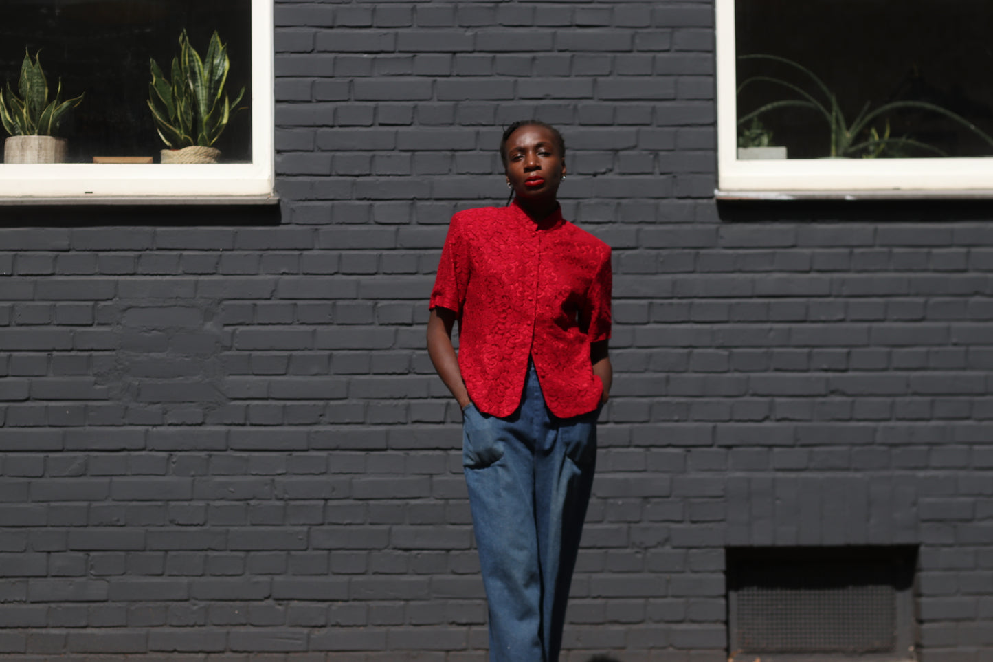 Red Lace Blouse Vintage 90s Mandarin Collar Shirt Short Sleeve | Fits S/M