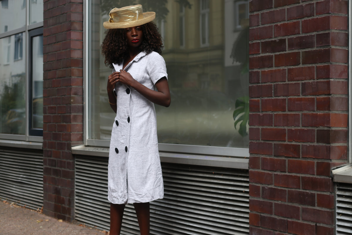 Linen Look Dress | 70s Vintage Double Breasted Midi | Light Grey S/M