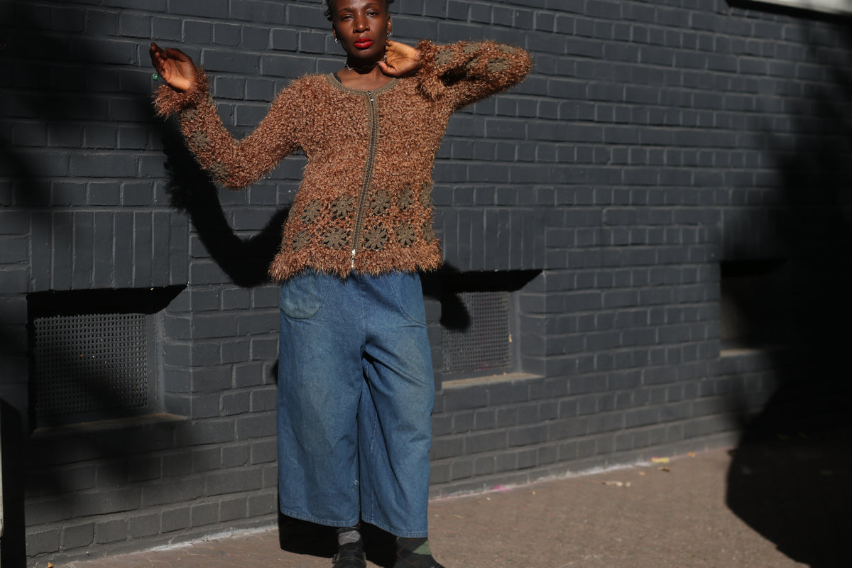 Vintage Brown Fuzzy Knit Cardigan | Y2K Crochet Trim Zipper Sweater XL