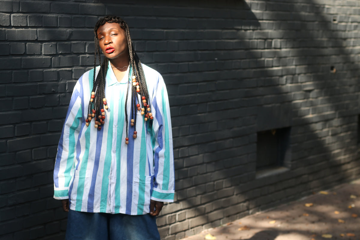 Striped Cotton Shirt Jacket - 80s Vintage Oversized Overshirt | L