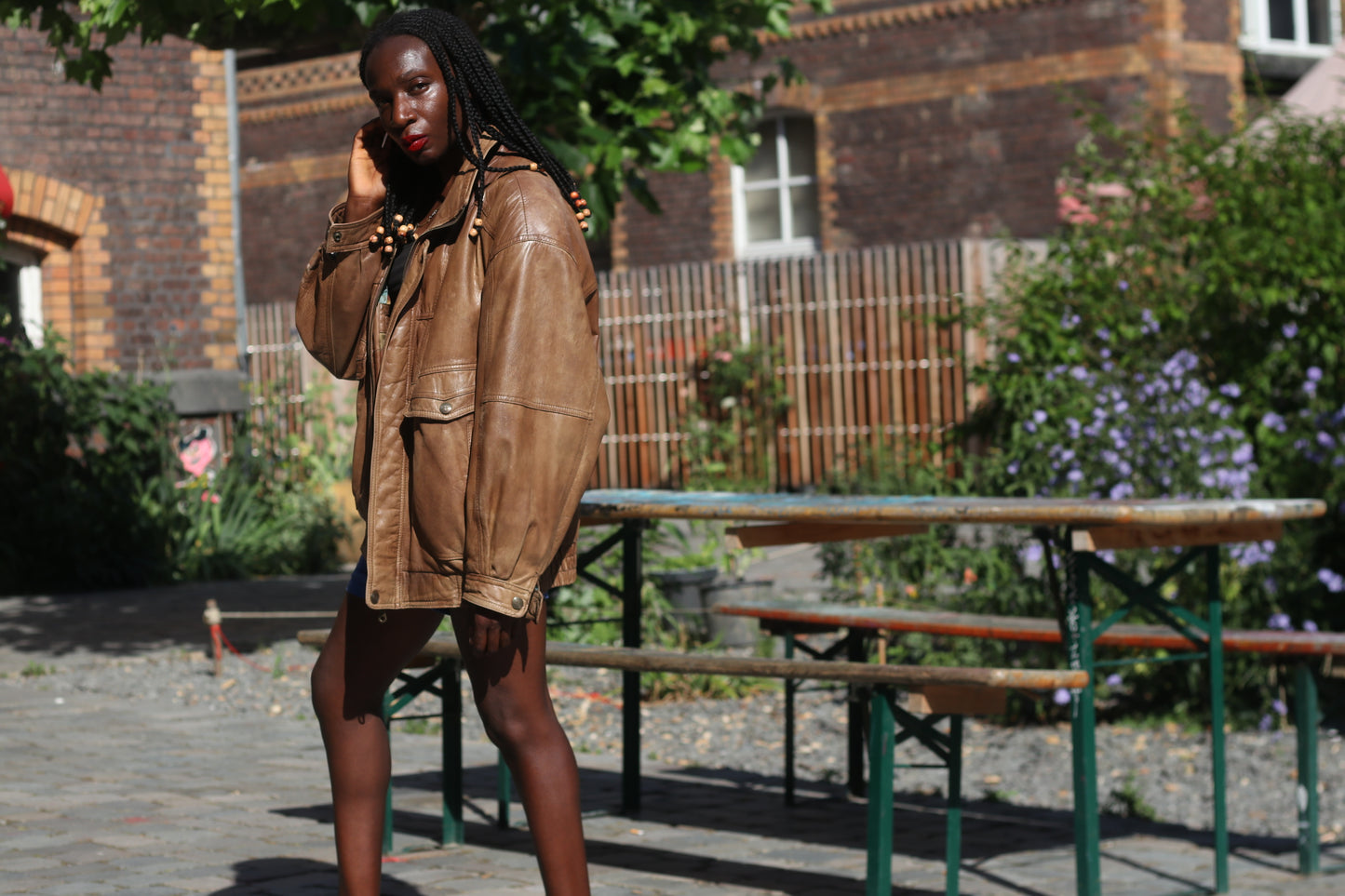 Vintage 1980s Brown Leather Bomber Jacket abstract patterned lining oversized M
