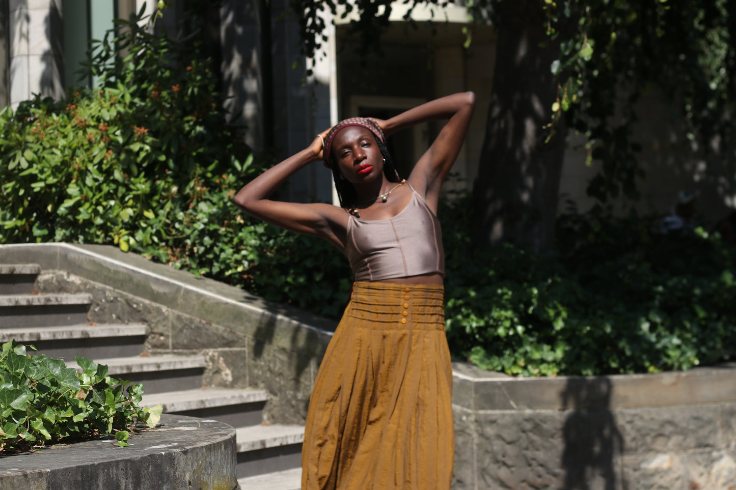 Vintage 70s Mustard Gold Maxi Skirt - Striped Boho Pleated Long Skirt