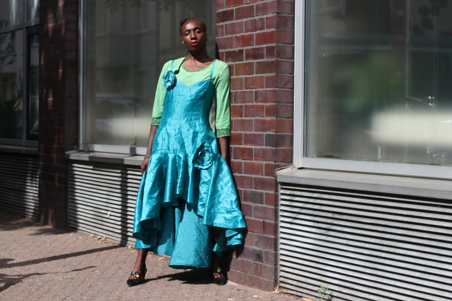 Vintage Y2K Teal Blue Rosette High Low Midi Dress - Party Gown M to L