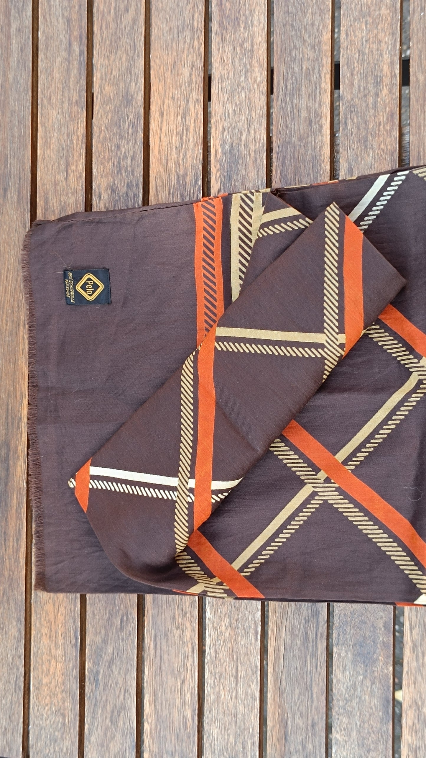 Pelo Vintage 70s Wool Silk Geometric Scarf - Brown Orange Plaid Wrap