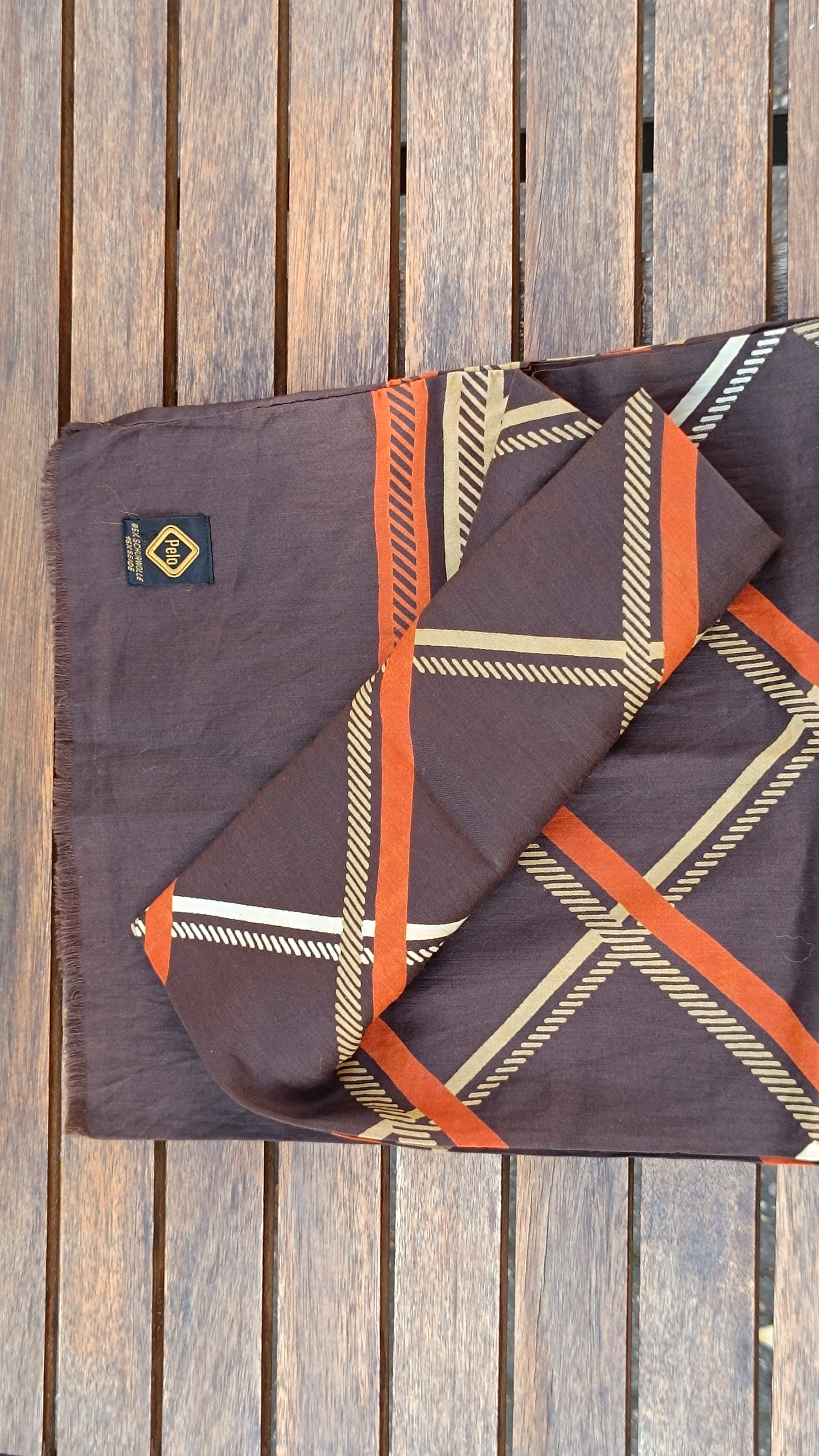 Pelo Vintage 70s Wool Silk Geometric Scarf - Brown Orange Plaid Wrap