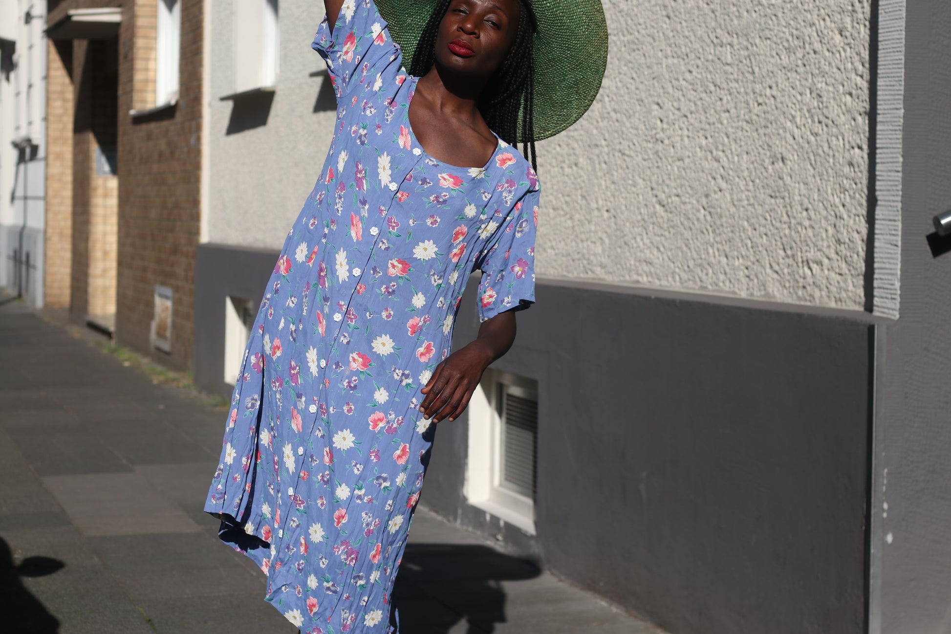 Vintage 1990s Floral Midi Dress - Blue 90s Grunge Button Front Sundress