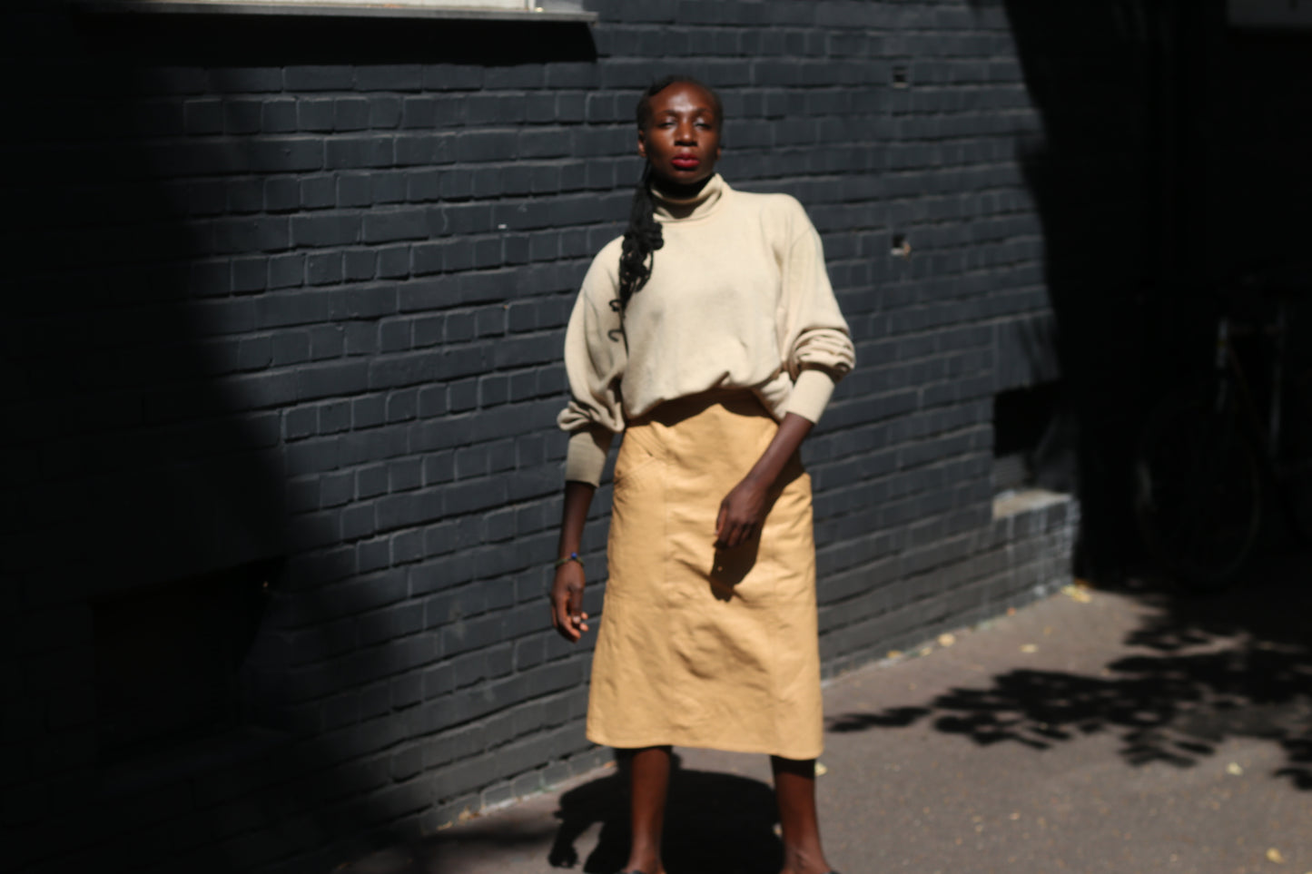 Vintage Leather Skirt - 80s Camel Tan Midi Skirt | Minimalist A-Line