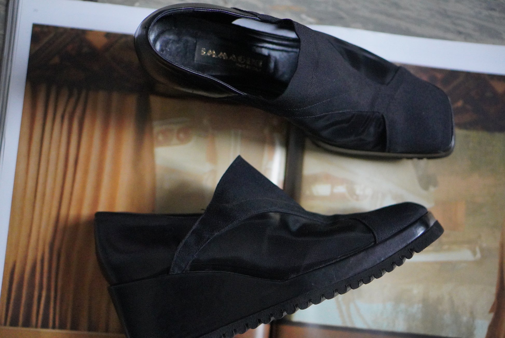 Mesh Wedge Mules - 90s Minimalist Shoes - Black Square Toe | Size 38