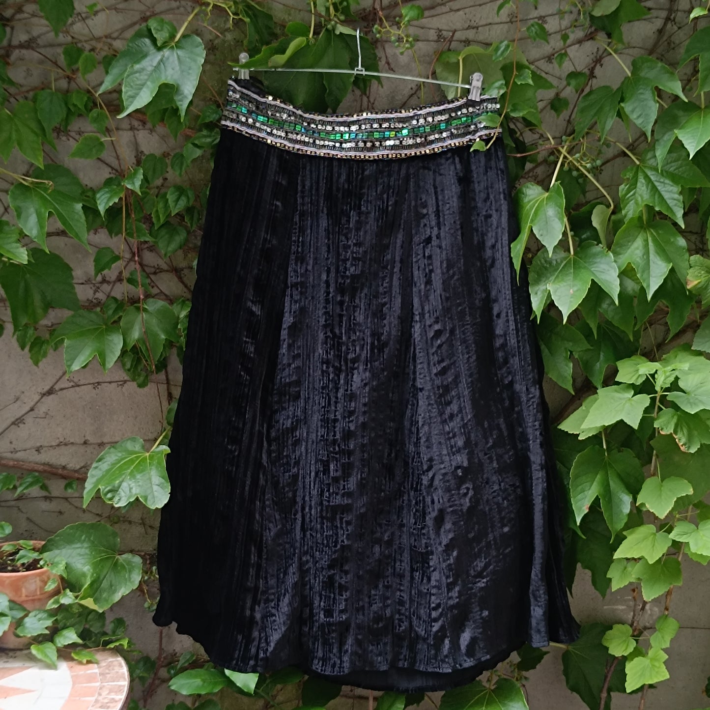 Vintage Velvet Midi Skirt | Y2K Black Crushed Velvet Beaded Skirt
