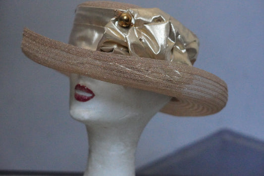 Gold Wide Brim Hat | 1980s Vintage Metallic Formal Fascinator