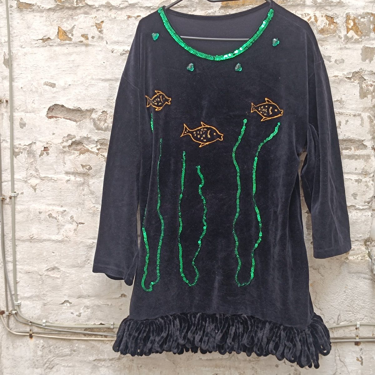 Vintage Velvet Tunic Dress - 90s Black Sequin Fish Mini Dress - L