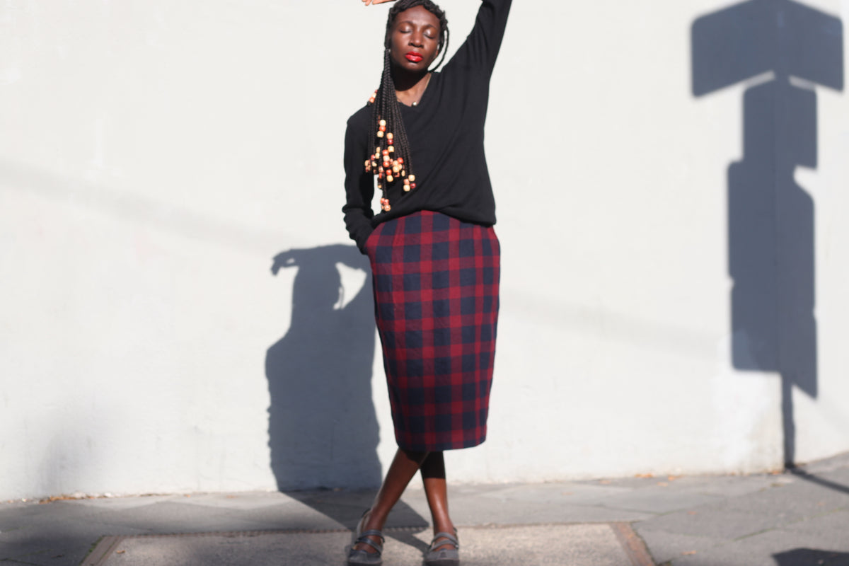 Vintage Plaid Wool Pencil Skirt | 90s Red Navy Midi Skirt XS to S
