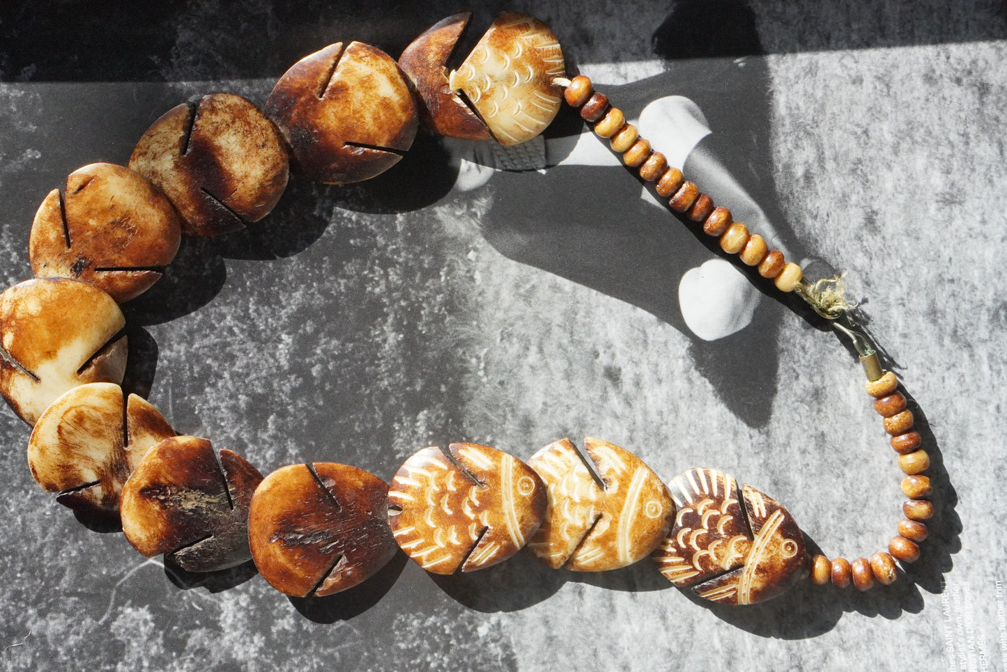 Vintage Carved Fish Necklace | Boho Brown Coconut Shell Tiki Jewelry