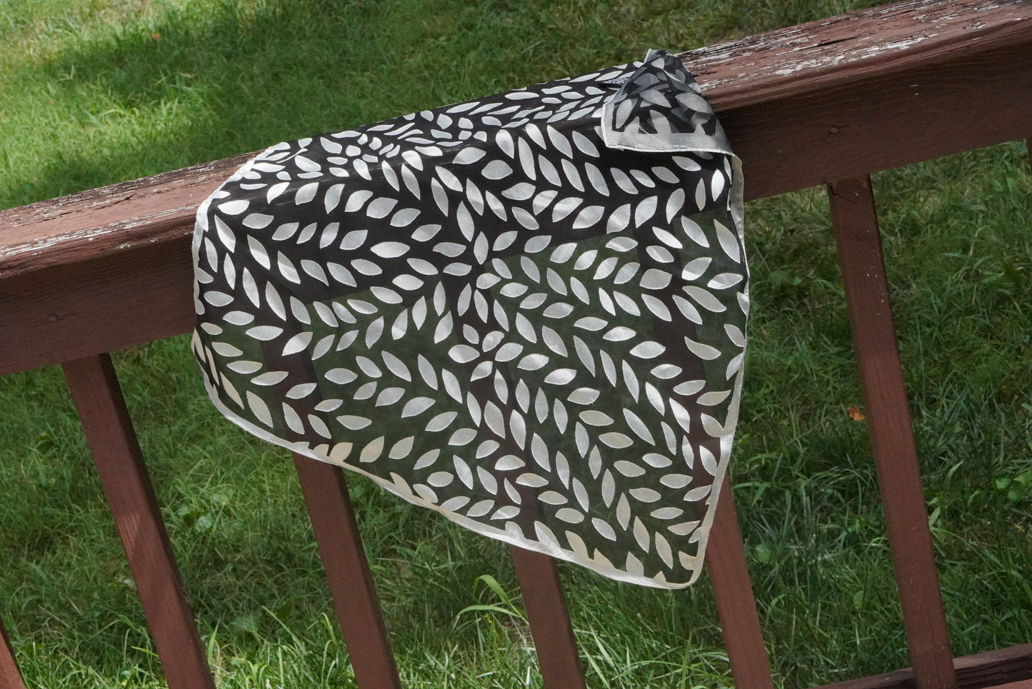 Vintage 90s Sheer Black Silver Leaf Scarf - Metallic Head Scarf