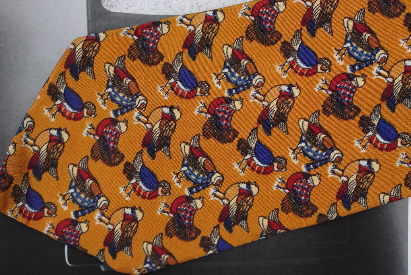 Vintage Mustard Yellow Silk Tie Italian Novelty Bird Print 1990s Mens Necktie