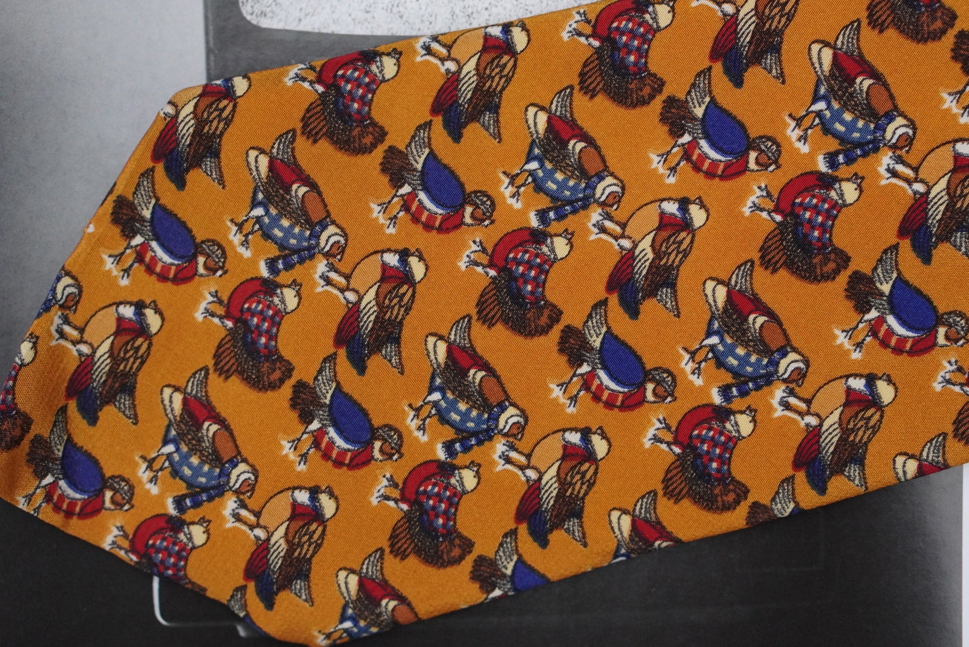 Vintage Mustard Yellow Silk Tie Italian Novelty Bird Print 1990s Mens Necktie