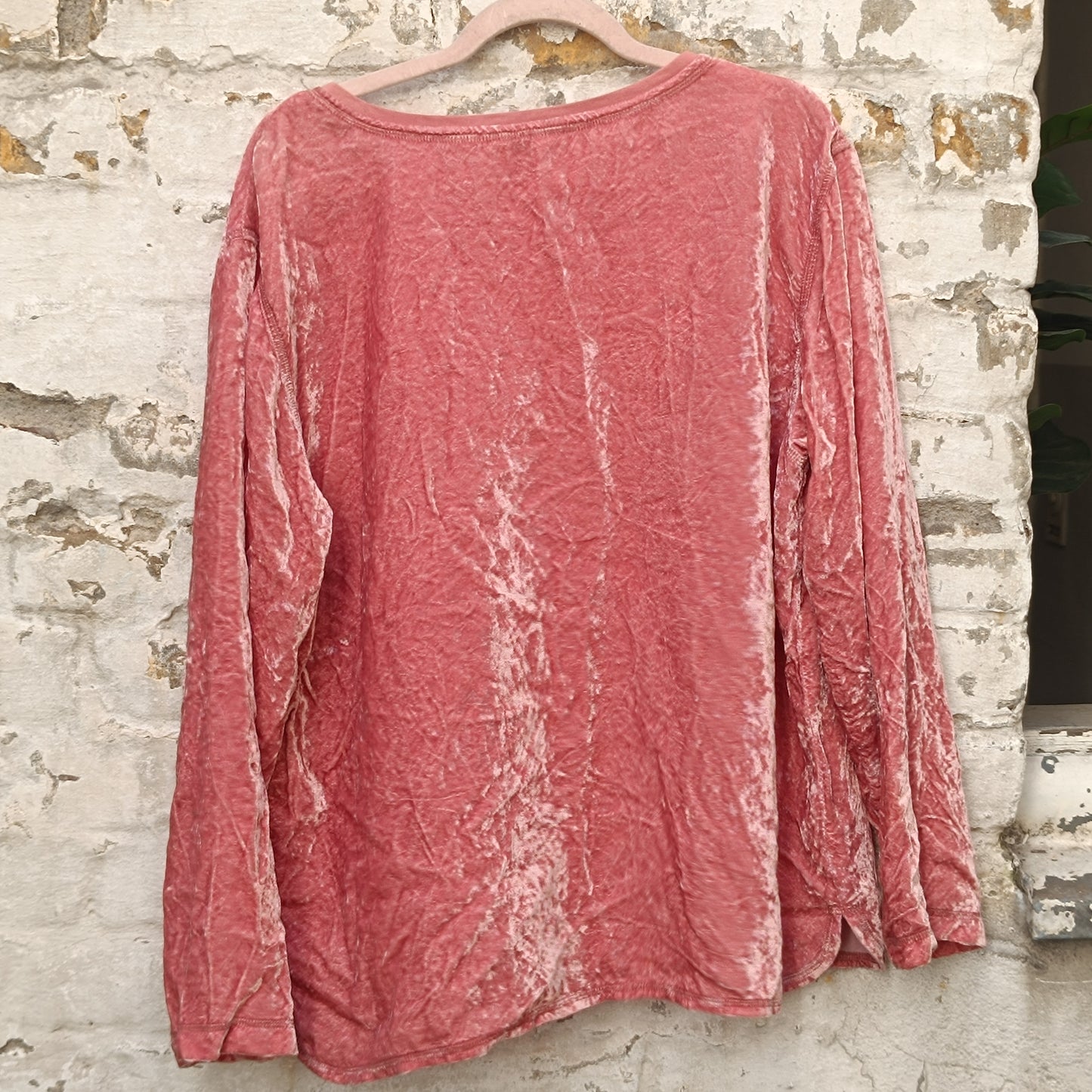 Crushed Velvet Top | Vintage Y2K Dusky Pink Long Sleeve Shirt | XLT