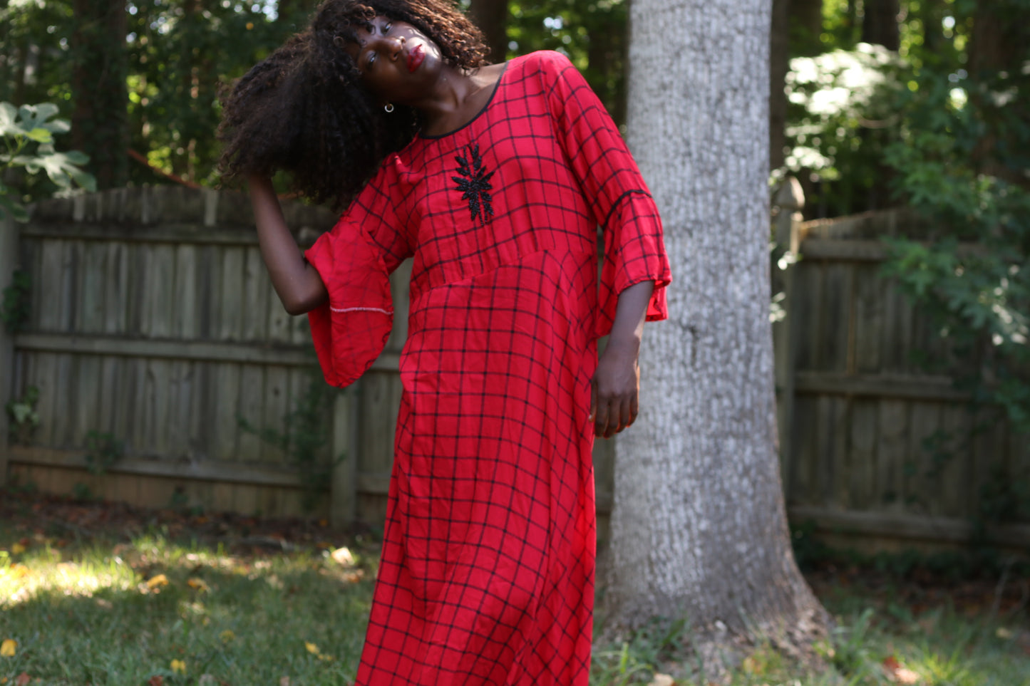 Vintage 1990s Red Plaid Bell Sleeve Maxi Dress