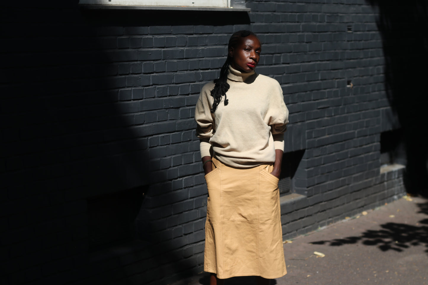 Vintage Leather Skirt - 80s Camel Tan Midi Skirt | Minimalist A-Line