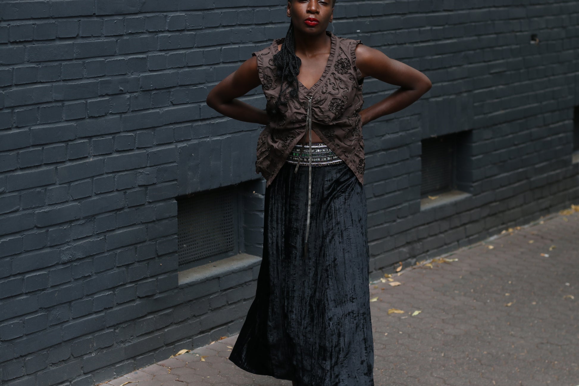 Vintage Velvet Midi Skirt | Y2K Black Crushed Velvet Beaded Skirt