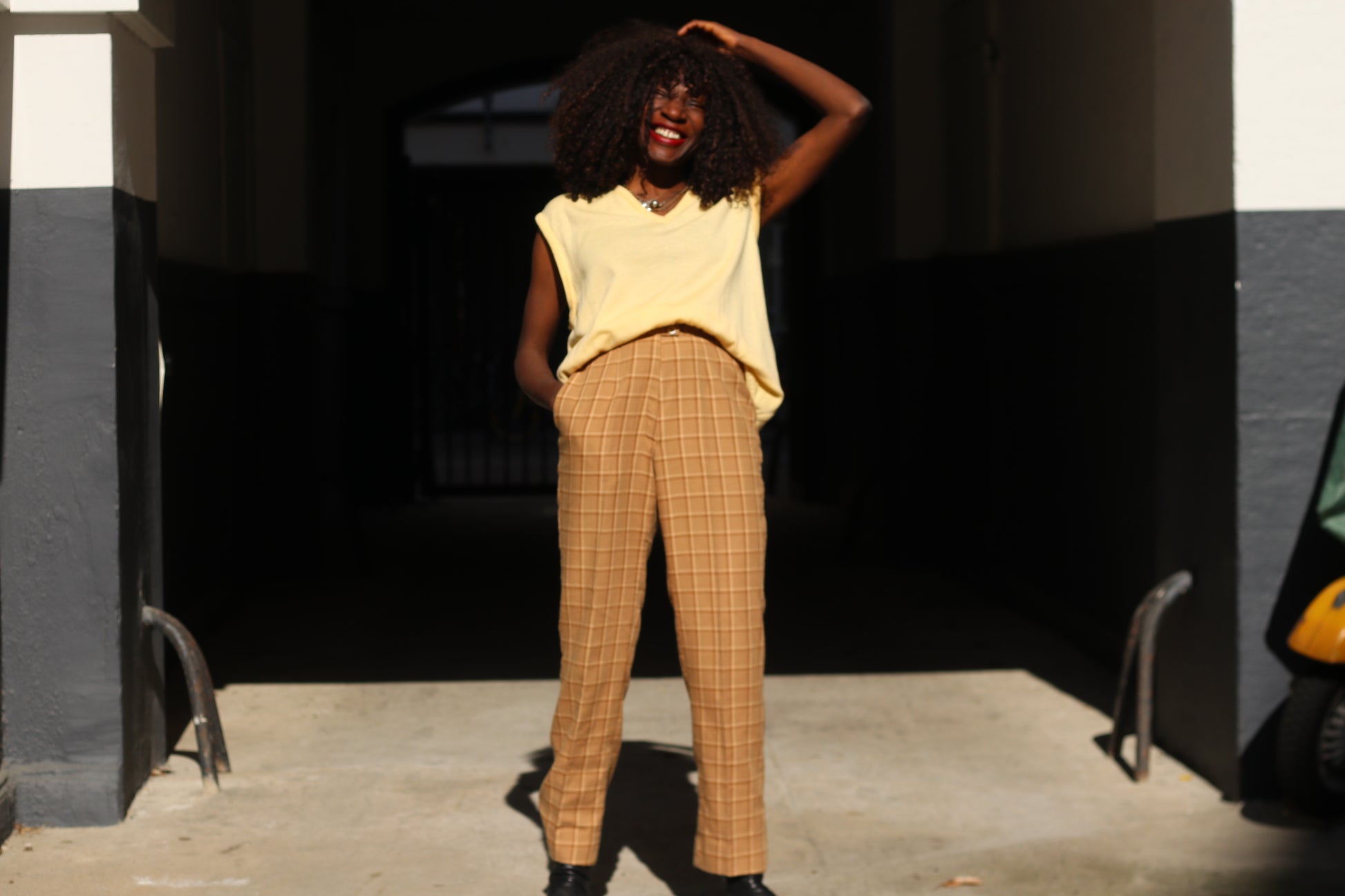 Plaid Trousers Vintage 70s Beige High Waisted Pants | Fits XS to S