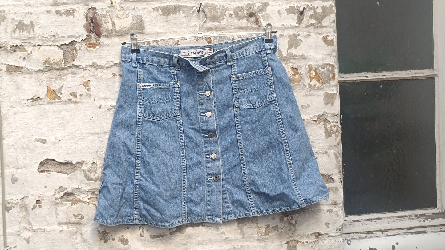 Vintage Denim Skirt Crown Jeans Company 70s 80s High Waisted Button Front A Line
