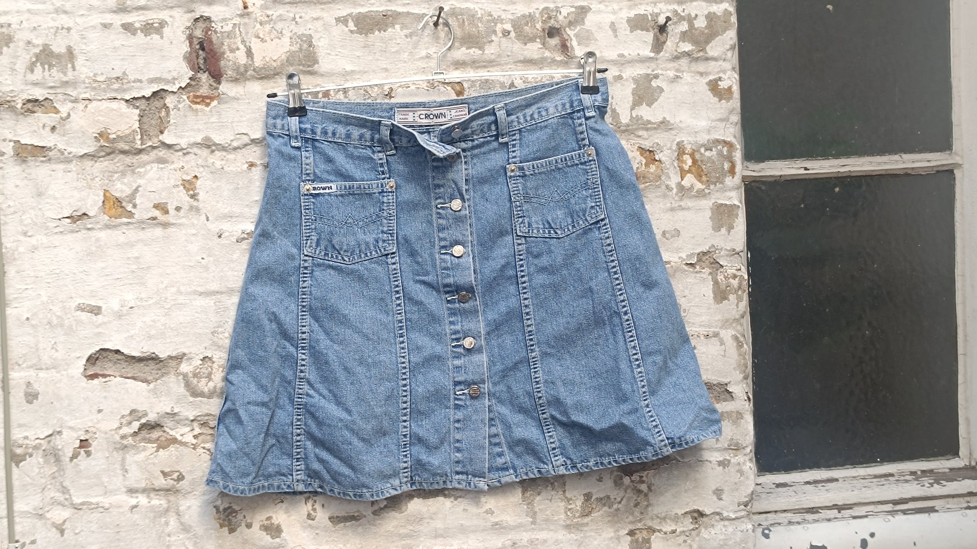 Vintage Denim Skirt Crown Jeans Company 70s 80s High Waisted Button Front A Line