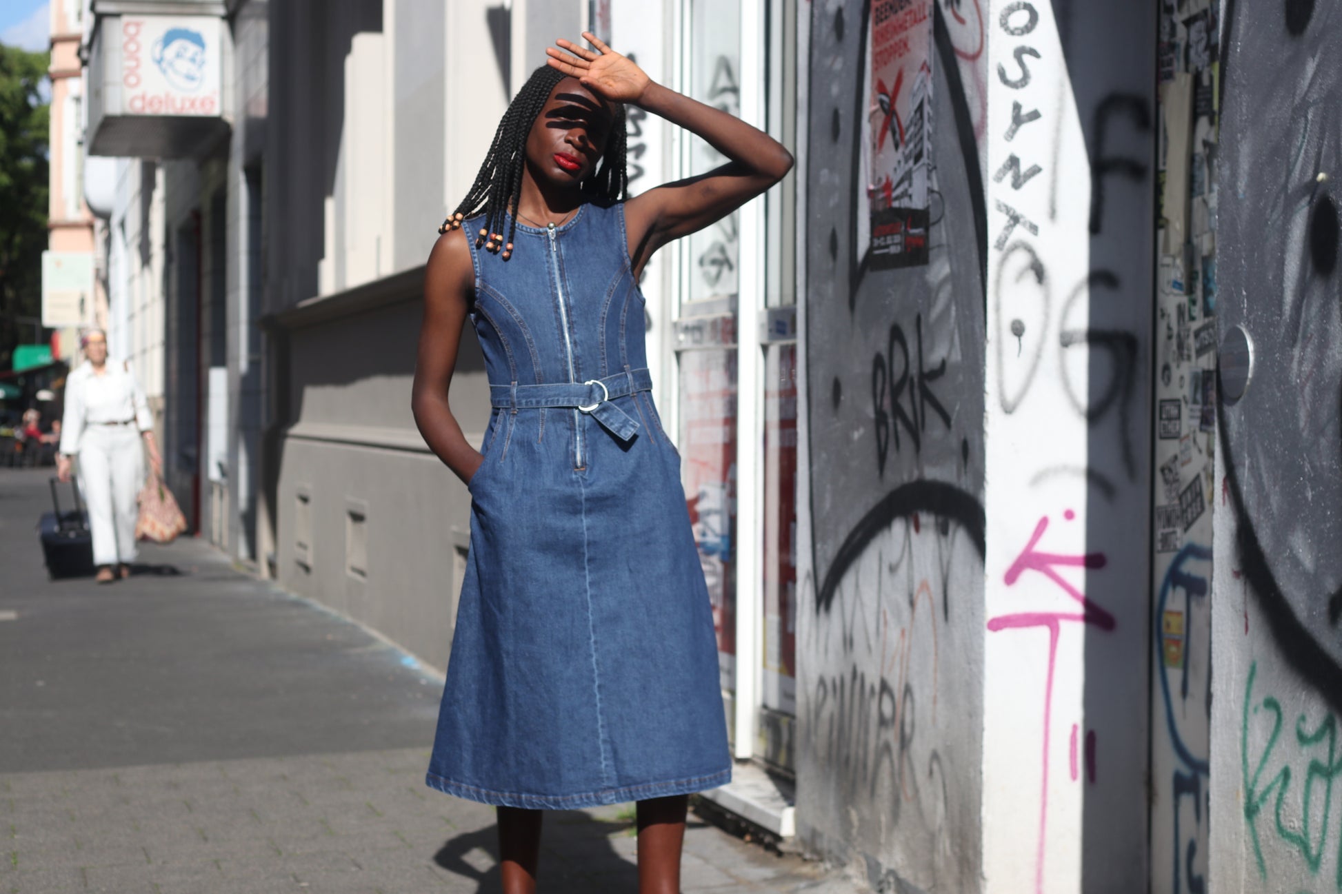Zign Studio Organic Denim Midi Dress - Sleeveless Belted Jean Dress Blue S