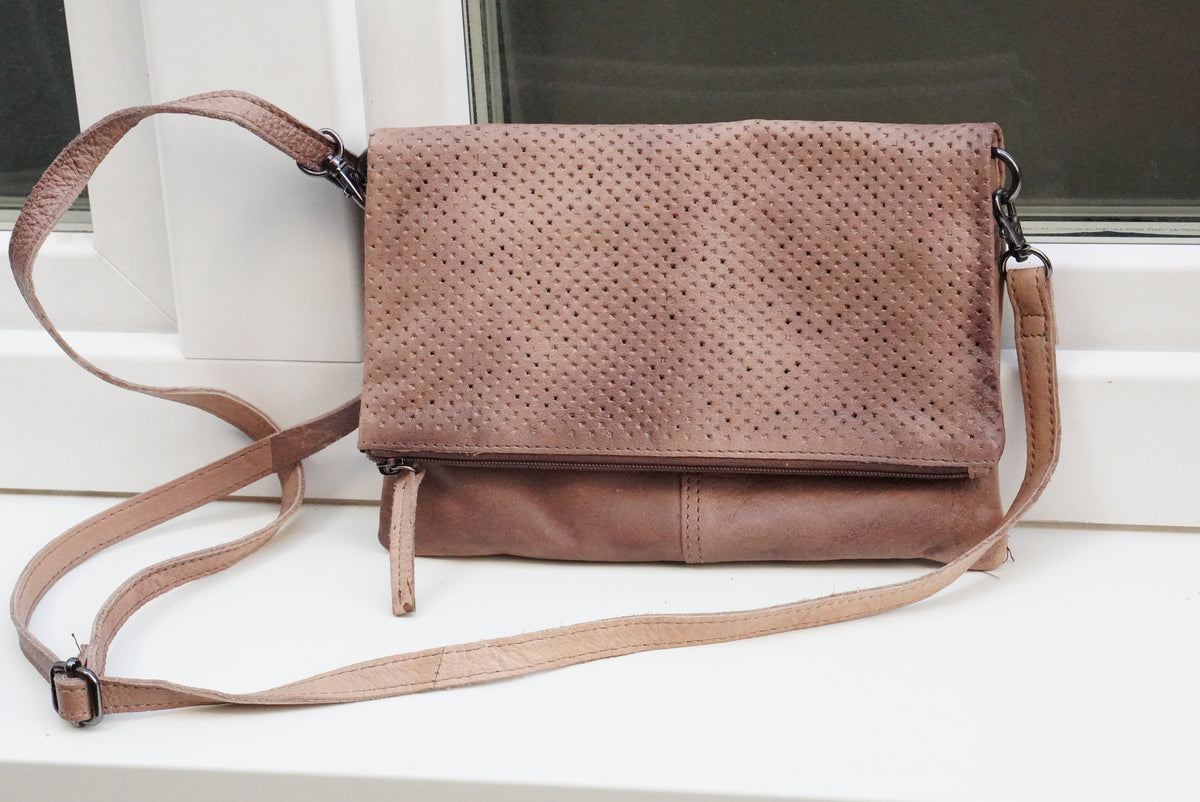 Leather Foldover Crossbody Bag | Y2K Boho Perforated Clutch | Taupe Brown