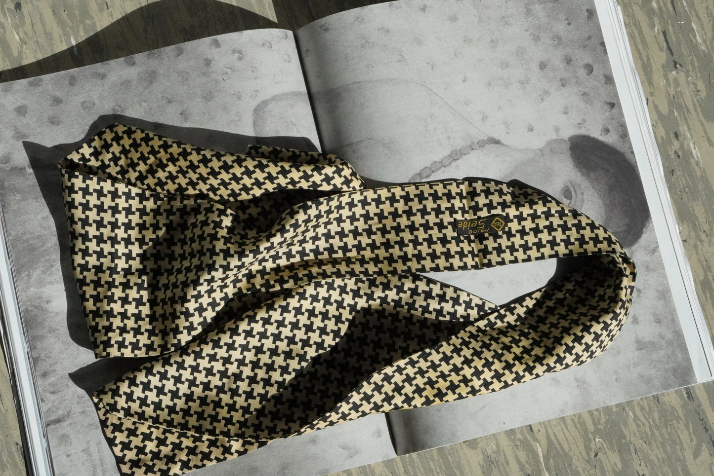 Vintage Silk Scarf Houndstooth Neck Head Scarf Black Beige Reine Seide 1980s