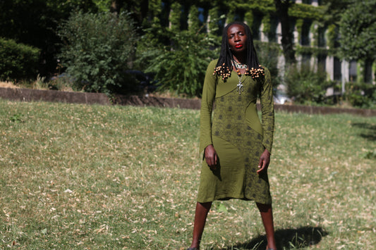 Vintage Y2K Khaki Green Midi Dress Asymmetric Mesh Print Fairycore Long Sleeve S- M