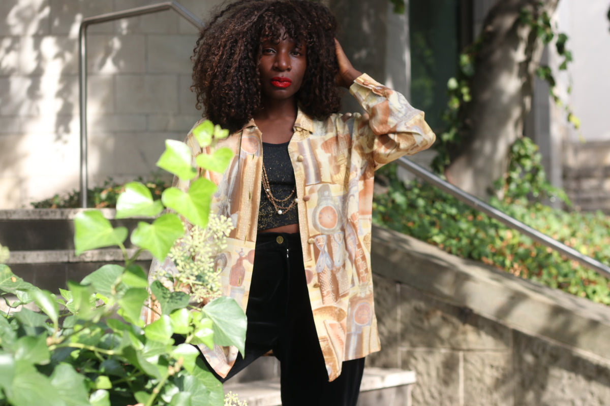 Vintage Silk Blend Blouse | 90s Sepia Antique Print Gold Shirt S/M