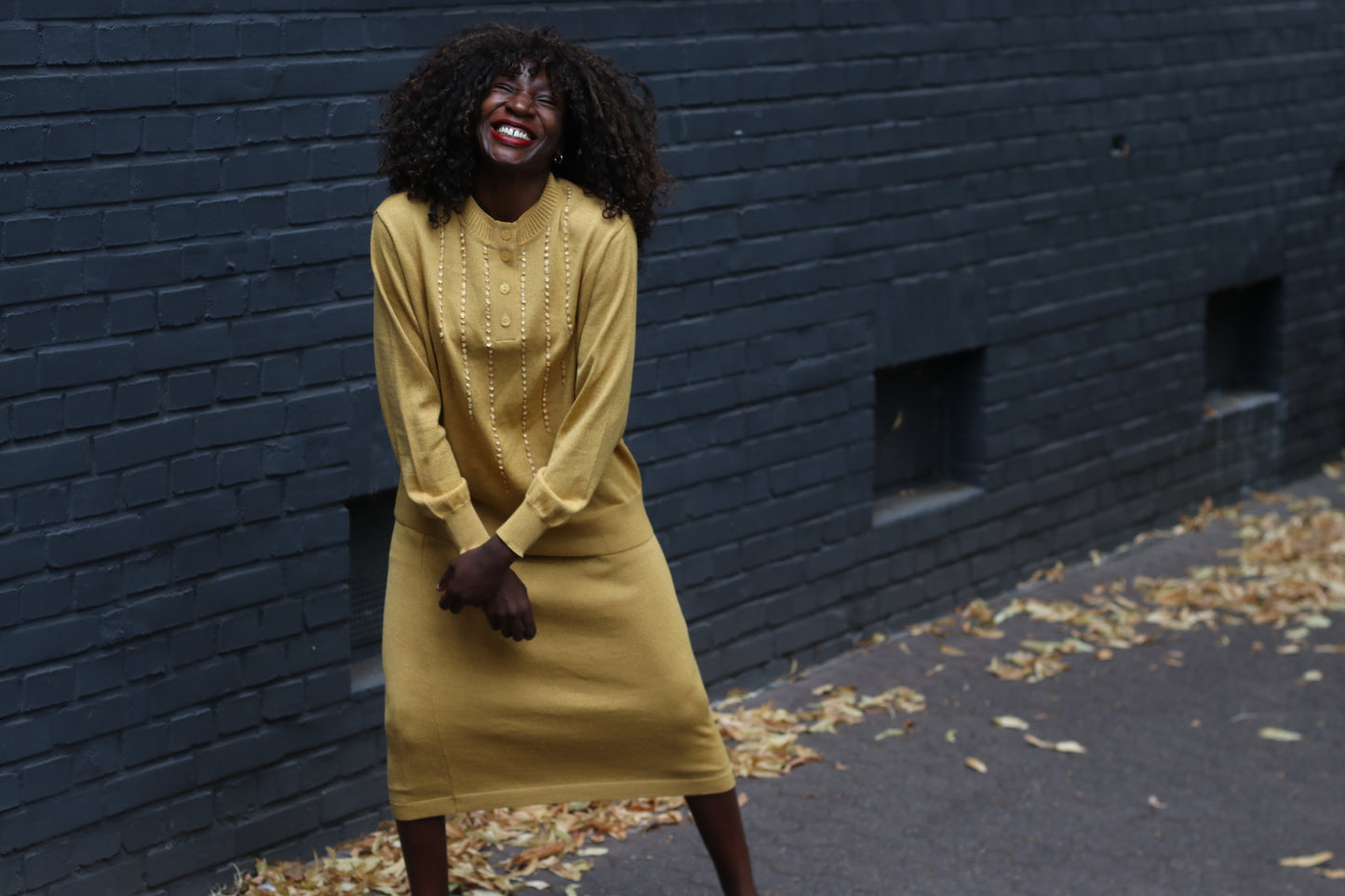 Vintage Wool Knit Skirt Set | 1980s Mustard Yellow Two Piece M