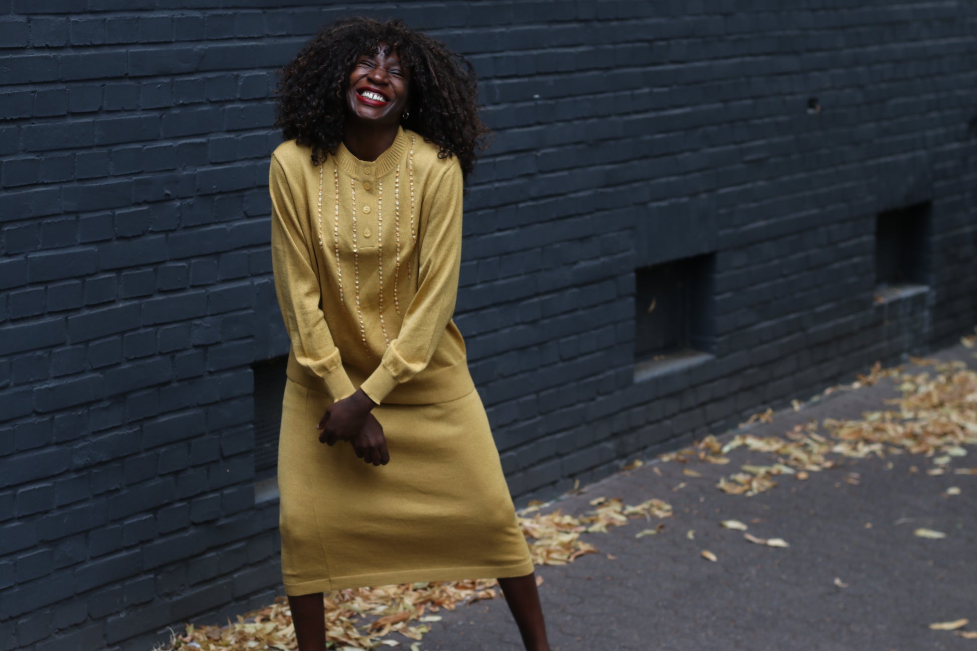 Vintage Wool Knit Skirt Set | 1980s Mustard Yellow Two Piece M