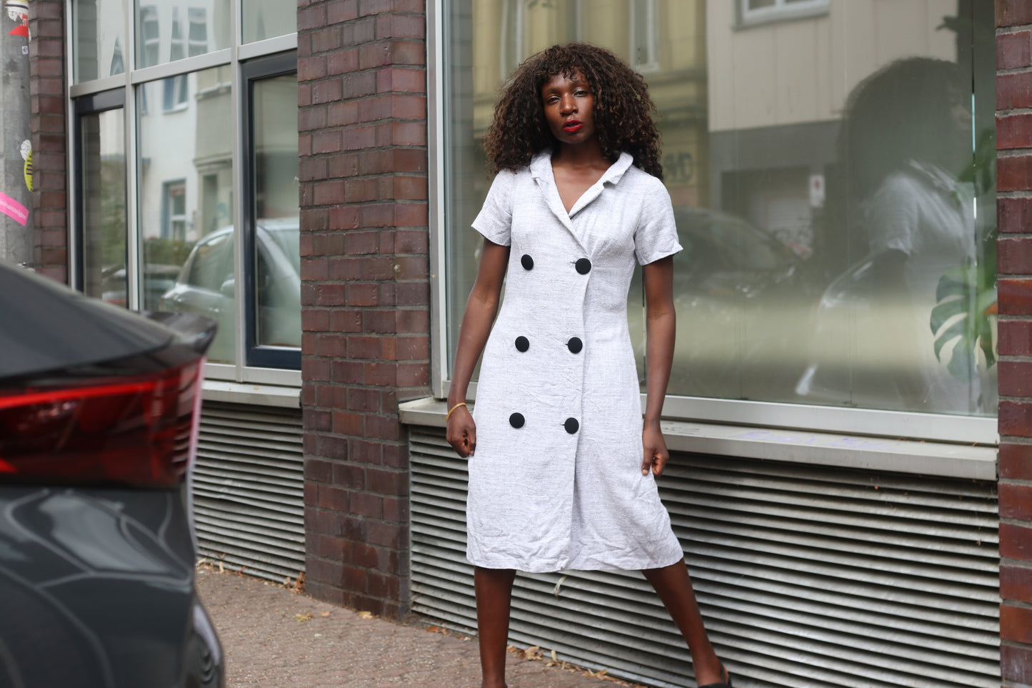 Linen Look Dress | 70s Vintage Double Breasted Midi | Light Grey S/M