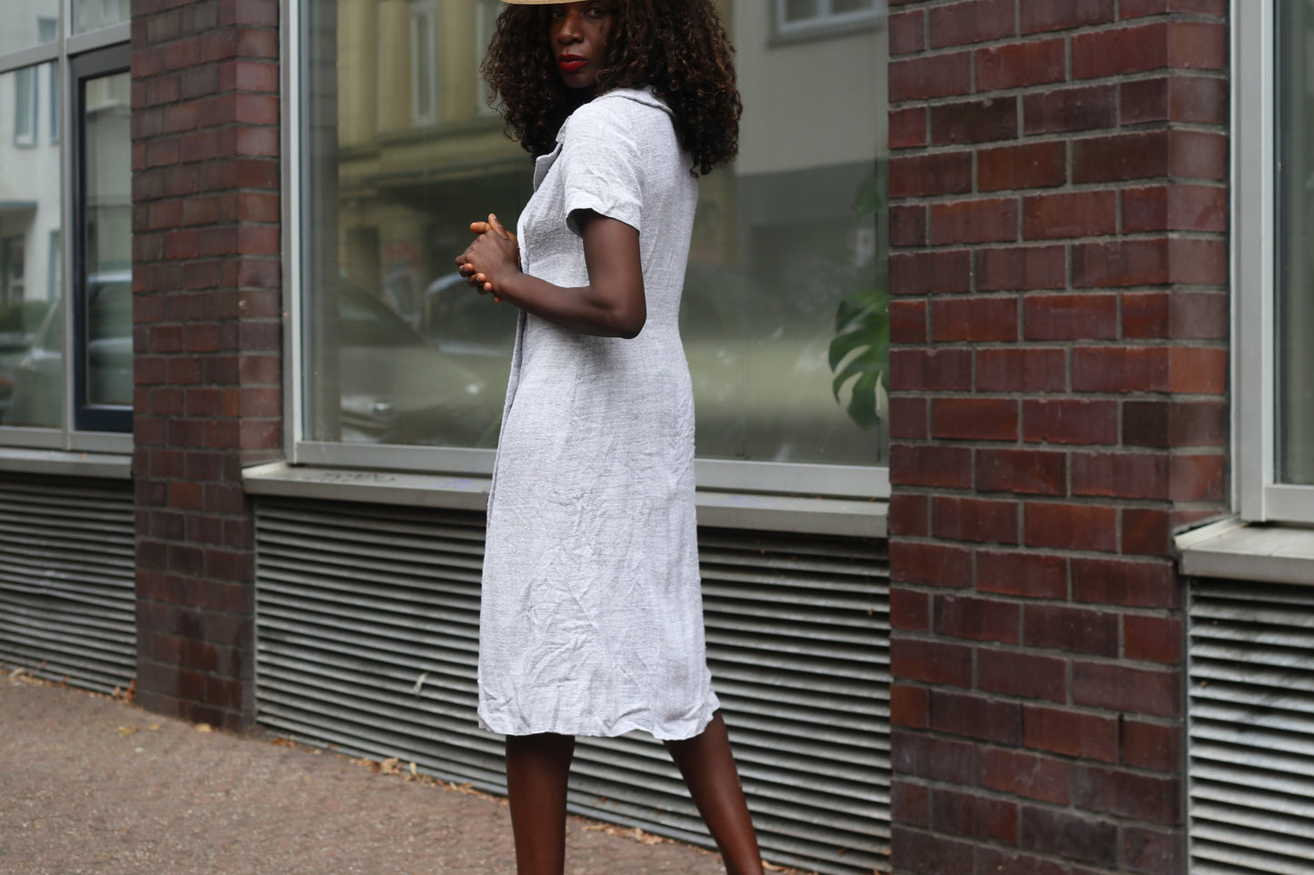 Linen Look Dress | 70s Vintage Double Breasted Midi | Light Grey S/M