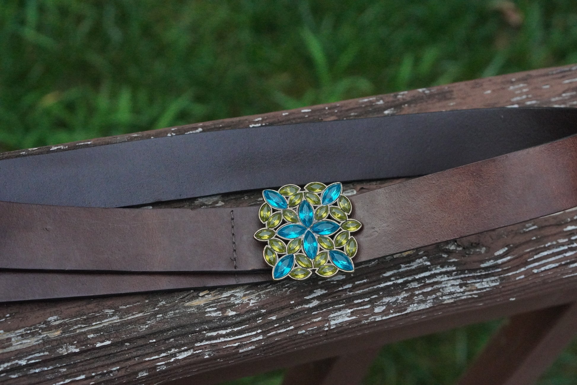 Vintage Y2K Italian Leather Belt - Blue Green Rhinestone Buckle Boho