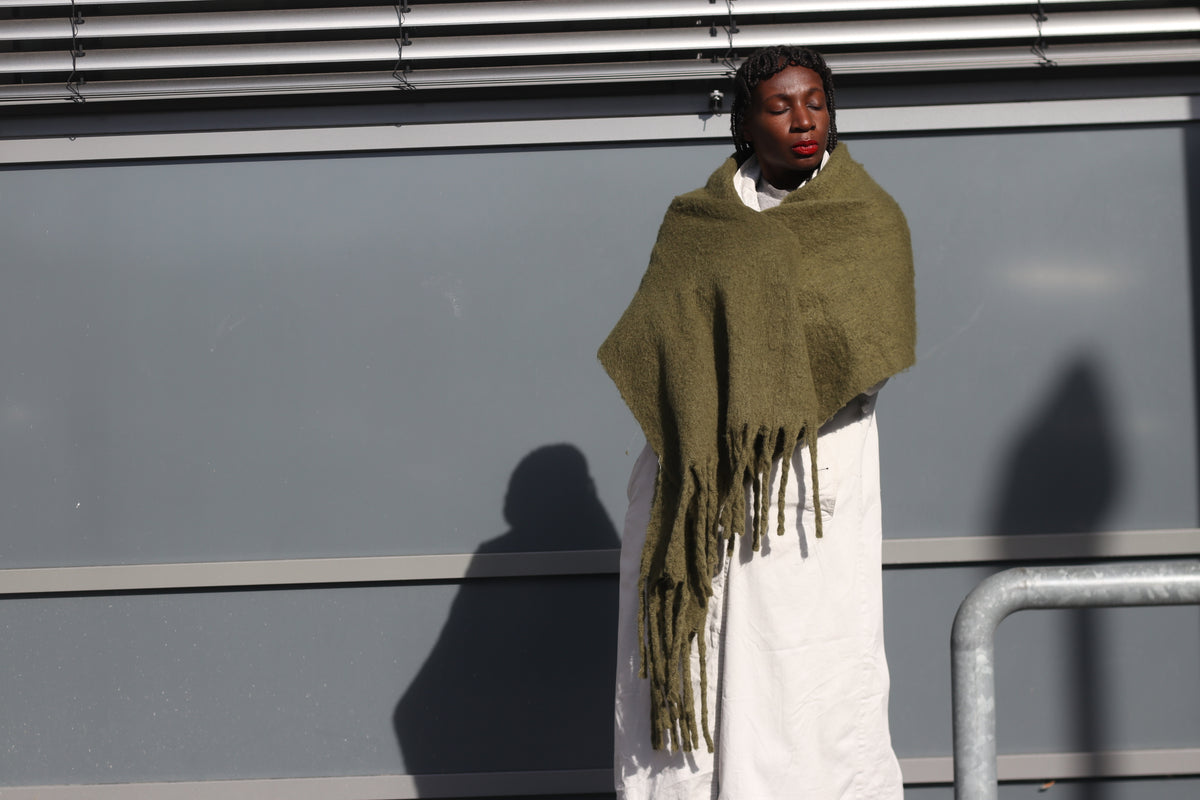 Vintage Olive Green Fringe Scarf | Cozy Winter Knit | Unisex Accessories