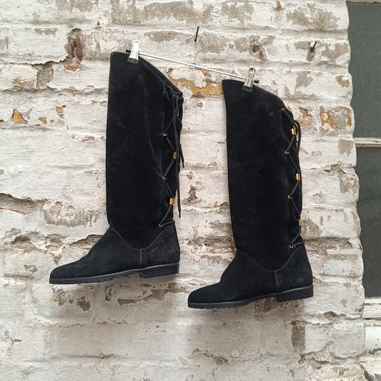 Vintage 90s Black Suede Lace-Up Knee High Boots | Size EU 37