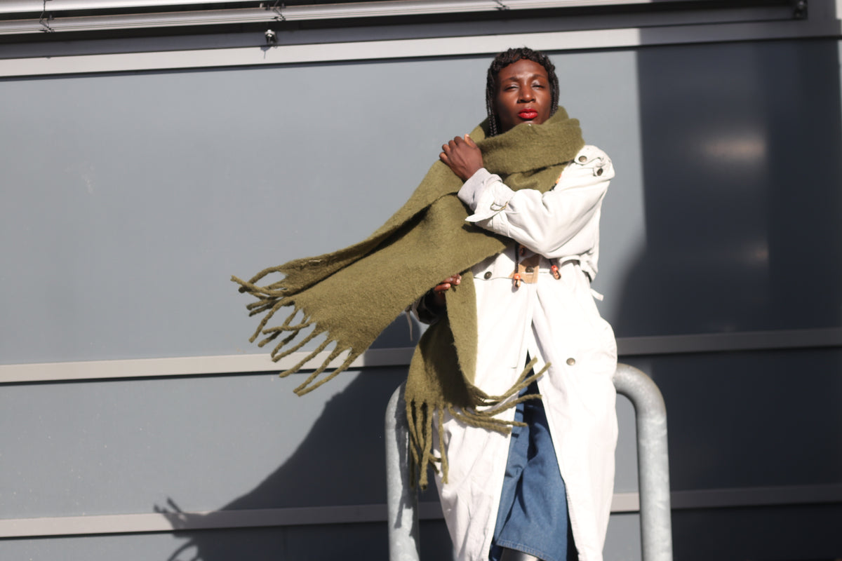 Vintage Olive Green Fringe Scarf | Cozy Winter Knit | Unisex Accessories