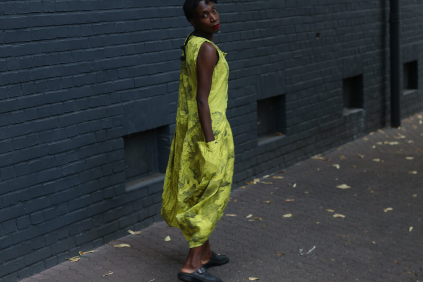 Yellow Avant-Garde Newspaper Dress - 90s Printed Balloon Midi - M/L